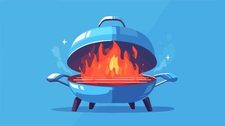 Flat vector illustration of barbecue grill with fire flames on the blue background.のイラスト素材