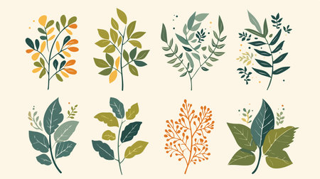 Set of hand drawn floral elements, leaves and branches. Vector illustration.のイラスト素材