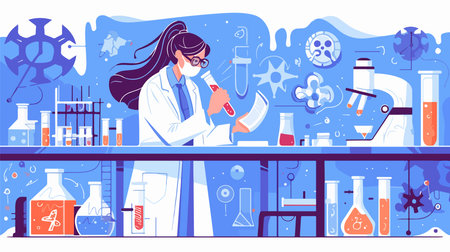 Chemistry laboratory research and development flat vector illustration. Female scientist working with microscope, test tubes and flasks in chemistry lab.のイラスト素材