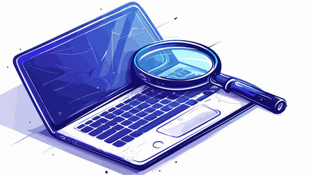 Laptop and magnifying glass on a white background. Vector illustration.のイラスト素材