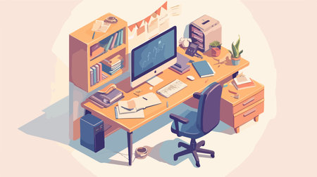 Flat isometric vector illustration of an office interior. Workplace with computer, desk, books, stationery, coffee table, chair.のイラスト素材