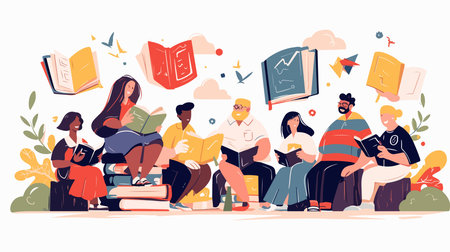 Group of people reading books and preparing for exams. Flat vector illustration.のイラスト素材