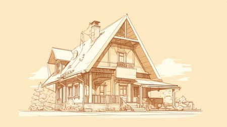 Sketch of a private house with a beautiful roof. Vector illustrationのイラスト素材