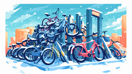 Bicycles parking in the city. Bicycle rental service. Vector illustrationのイラスト素材