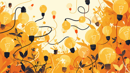 Background with yellow light bulbs and plants. Vector illustration for your designのイラスト素材