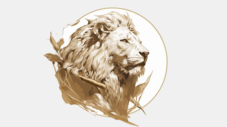 Lion head with leaves. Hand drawn sketch. Vector illustration.のイラスト素材