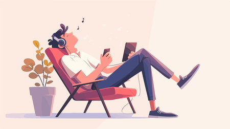 Young man listening to music with headphones and smartphone. Flat vector illustration.のイラスト素材