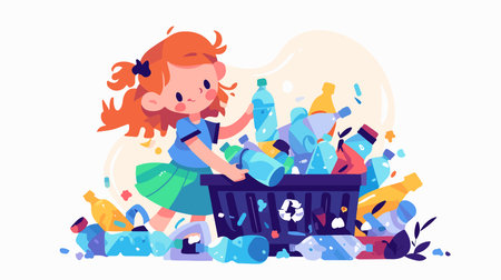 Cute little girl sorting plastic waste. Vector flat cartoon illustration.のイラスト素材