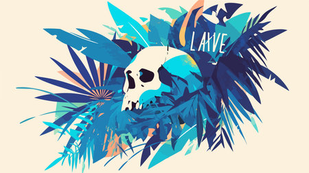 Skull and palm leaves. Tropical background. Vector Illustration.のイラスト素材