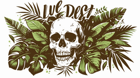 Skull and tropical leaves. Vector illustration in vintage engraving style.のイラスト素材