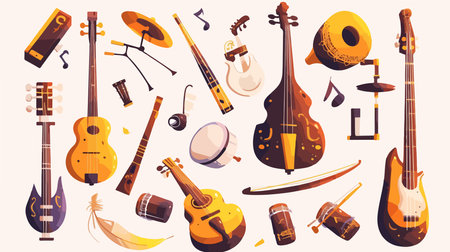 Musical instruments. Guitar, tambourine, balalaika, flute, violin, mandolin, tambourine. Vector illustrationのイラスト素材