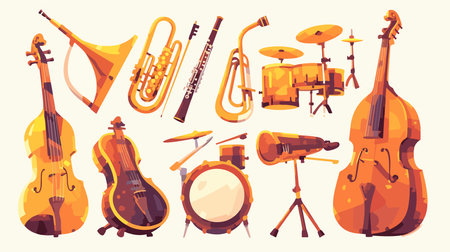 Musical instruments set. Violin, saxophone, trumpet, clarinet, saxophone, trombone. Vector illustration in cartoon styleのイラスト素材
