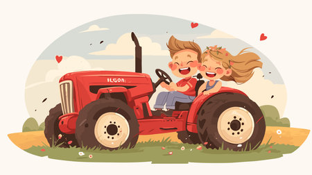 Boy and girl driving a tractor in the field. Vector illustration.のイラスト素材