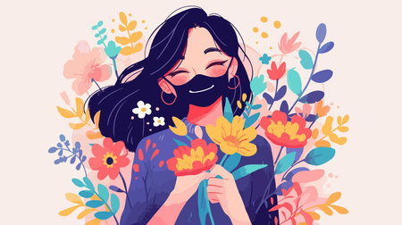 Beautiful young woman with flowers in her hands. Vector illustration.のイラスト素材