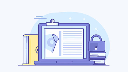 Laptop with padlock and documents. Vector illustration in flat styleのイラスト素材