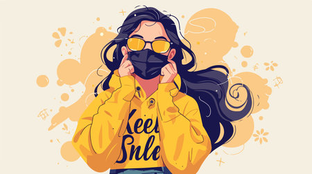 Vector illustration of a girl in a yellow jacket and sunglasses with a mask on her face.のイラスト素材