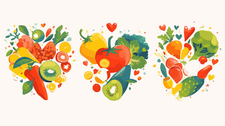 Set of fresh vegetables and fruits. Healthy food. Vector illustration.のイラスト素材