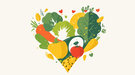 Vector illustration of fresh vegetables in the shape of a heart. Healthy food concept.のイラスト素材