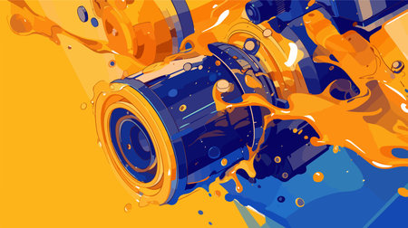 Illustration of a powerful electric motor with a splash of oil on a yellow backgroundのイラスト素材
