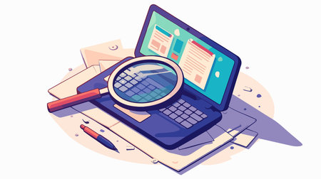 Laptop and magnifying glass on a table with documents. Vector illustration.のイラスト素材