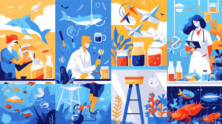 Scientist working in laboratory, research and development of fish, vector illustrationのイラスト素材