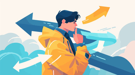 Vector illustration of a young businessman in a yellow raincoat standing on the road and thinking about something.のイラスト素材