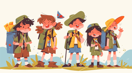 Cute children scouts, boys and girls with backpacks, vector illustrationのイラスト素材