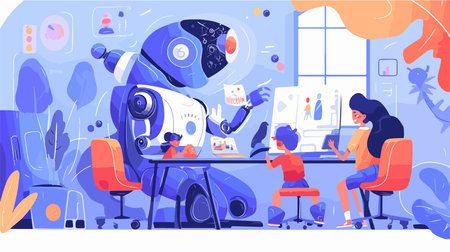 Robot working at office vector illustration. Cartoon robot working at desk.のイラスト素材