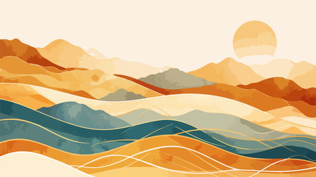 Seascape with sand dunes and sun. Vector illustration.のイラスト素材