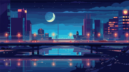 Night city landscape with river and bridge. Vector illustration in flat styleのイラスト素材