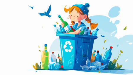 Volunteer girl throwing plastic bottles into trash bin. Vector illustrationのイラスト素材