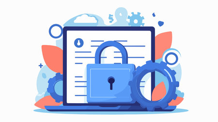Cyber security concept vector illustration in flat cartoon style. Laptop with padlock, gear wheel and keyhole on screen.のイラスト素材