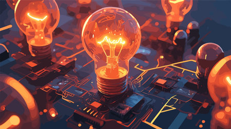 Electronic circuit board with glowing lightbulb, 3d rendering