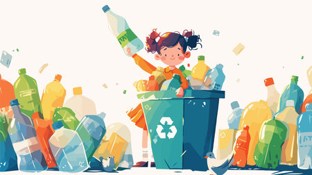 Vector illustration of a boy throwing plastic bottles into a trash can.のイラスト素材
