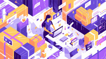 Isometric businesswoman working with laptop in office. Online shopping concept.のイラスト素材