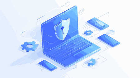 Data protection concept. Laptop with security shield and keyhole. Vector illustrationのイラスト素材