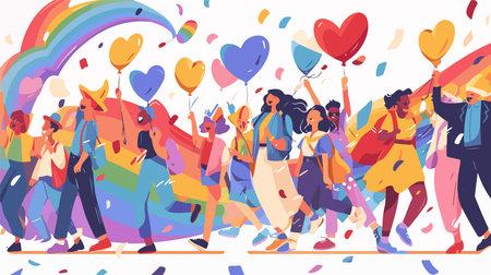 Happy people with balloons and flags celebrating LGBT pride month, flat vector illustration.のイラスト素材