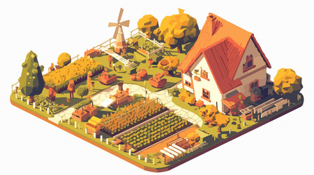 Vector isometric illustration of a village with houses, roads and fields.のイラスト素材