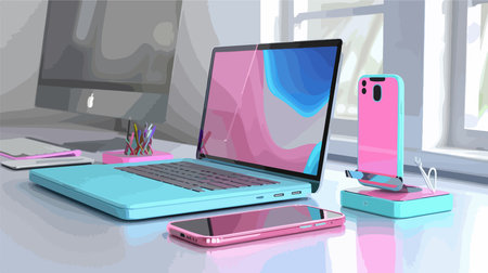 Laptop and mobile phone on the table in the office. Vector illustration.のイラスト素材