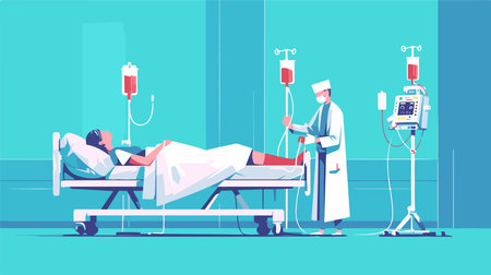 Patient lying in hospital bed with doctor. Vector illustration in flat styleのイラスト素材