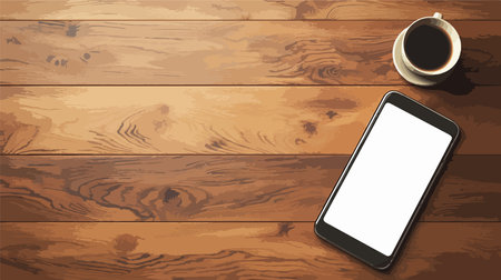 Smartphone with blank screen and coffee cup on wooden background. Vector illustration.のイラスト素材