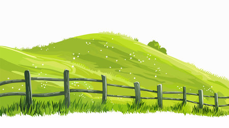 Green meadow with fence on a white background. Vector illustration.のイラスト素材