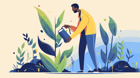 Vector illustration of a man watering plants in the garden. Flat style.のイラスト素材