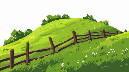 Illustration of a green meadow with wooden fence on a white backgroundのイラスト素材