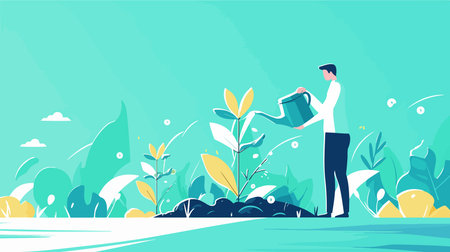 Businessman watering plants with a watering can. Vector illustration in flat styleのイラスト素材