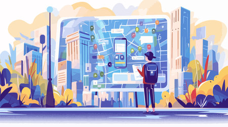 City map navigation vector illustration. Cartoon woman using phone app on city street. City map navigation conceptのイラスト素材