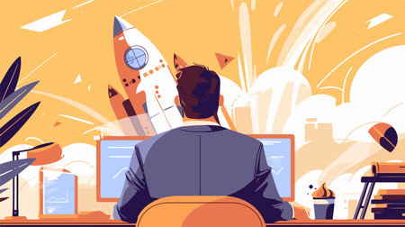 Back view of businessman sitting at desk in office and looking at rocket launch. Vector flat illustrationのイラスト素材