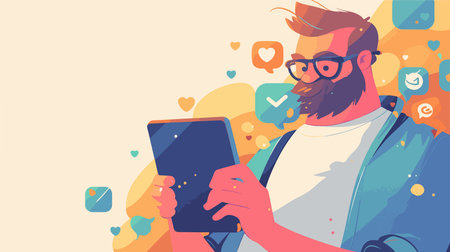 Man with beard and glasses using tablet. Vector illustration in flat styleのイラスト素材