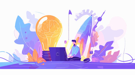 Creative thinking concept vector illustration. Cartoon flat creative man sitting on the floor in front of big lightbulb.のイラスト素材