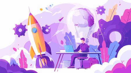 Start up concept vector illustration. Cartoon flat tiny businessman character sitting at desk with laptop, rocket and gear on background. Creative idea and innovation metaphorのイラスト素材